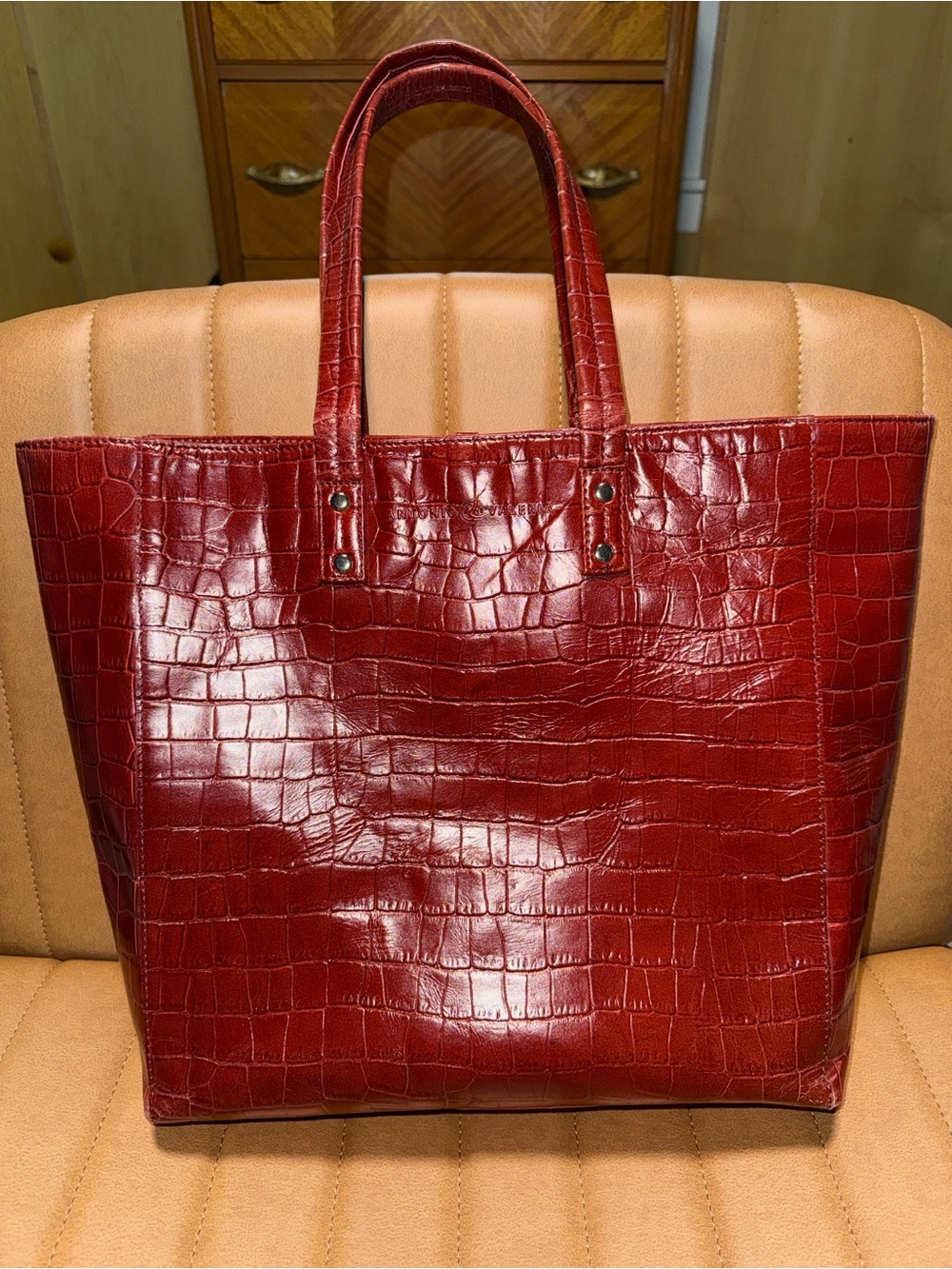Antonio Valeria Croc-Embossed Red Tote Bag with Top Handles